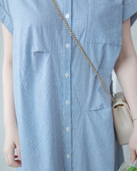 Linen Stripe Dress 法式藍白條紋翻褶袖綁帶連身裙/ DS1129 (Pre-order)