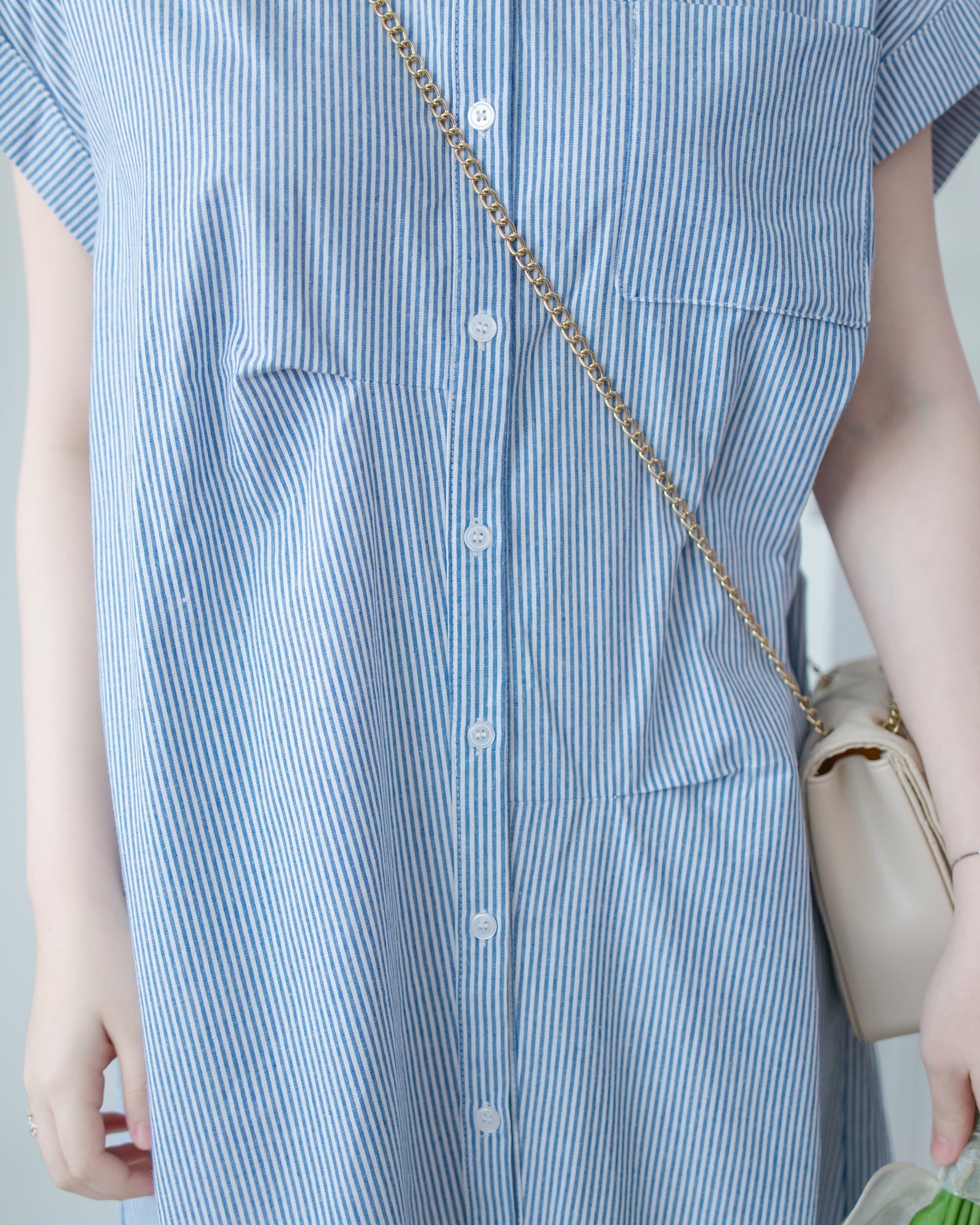 Linen Stripe Dress 法式藍白條紋翻褶袖綁帶連身裙/ DS1129 (Pre-order)