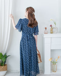 Chiffon Ribbon Dress 荷葉袖雪紡花束絲帶腰帶連身裙/ DS1133 (pre-order ivory/navy)