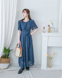 Chiffon Ribbon Dress 荷葉袖雪紡花束絲帶腰帶連身裙/ DS1133 (pre-order ivory/navy)