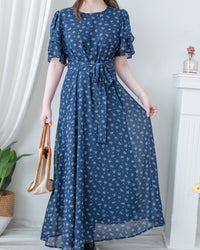 Chiffon Ribbon Dress 荷葉袖雪紡花束絲帶腰帶連身裙/ DS1133 (pre-order ivory/navy)