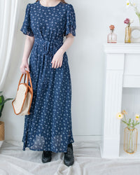 Chiffon Ribbon Dress 荷葉袖雪紡花束絲帶腰帶連身裙/ DS1133 (pre-order ivory/navy)