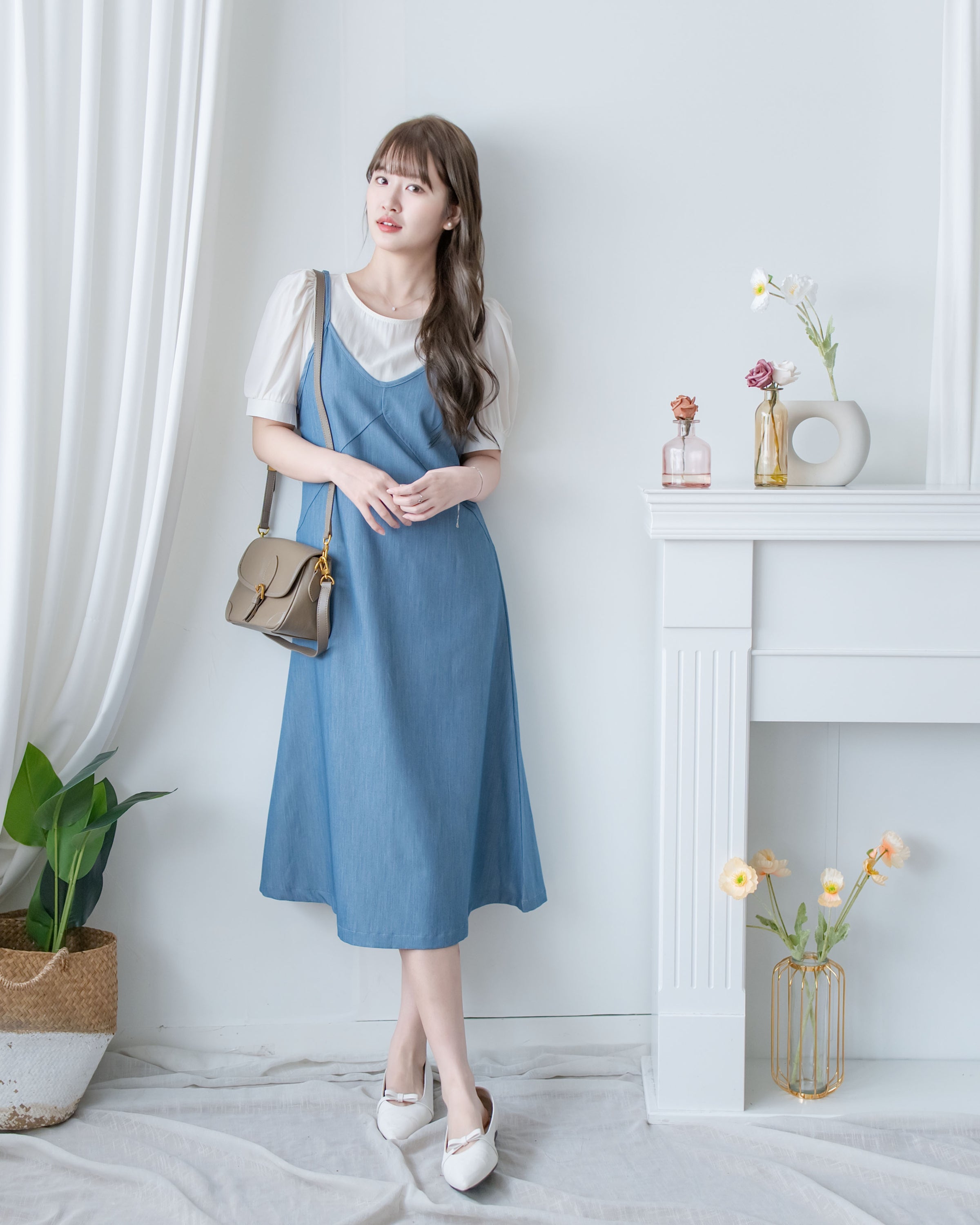 Border Vest Set 精緻車線吊帶裙後珍珠套裝/ SE8114 (pre-order blue)