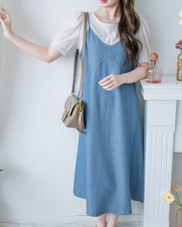 Border Vest Set 精緻車線吊帶裙後珍珠套裝/ SE8114 (pre-order blue)