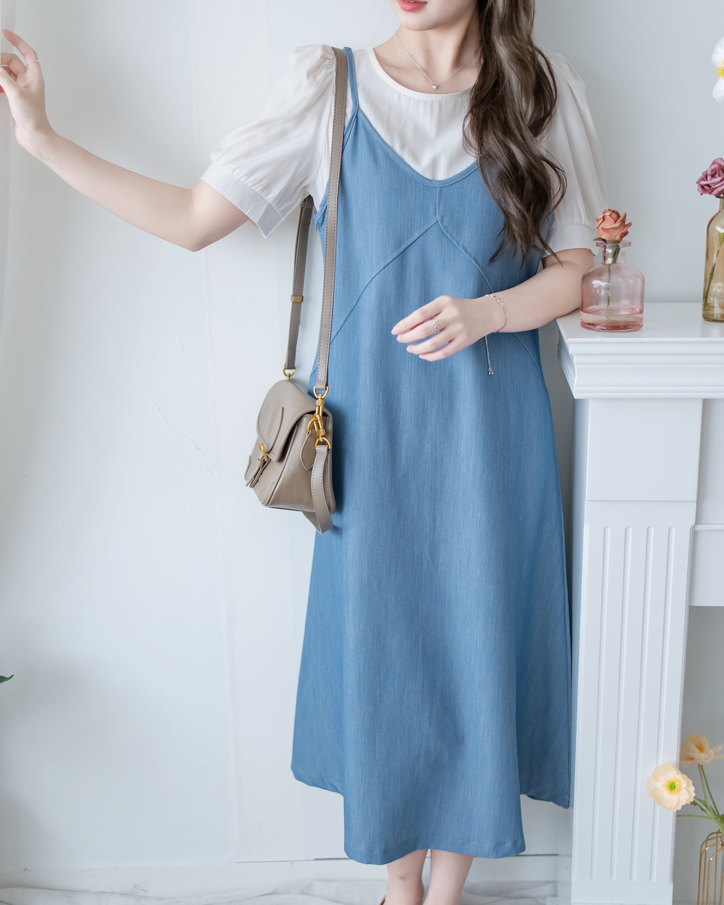 Border Vest Set 精緻車線吊帶裙後珍珠套裝/ SE8114 (pre-order blue)