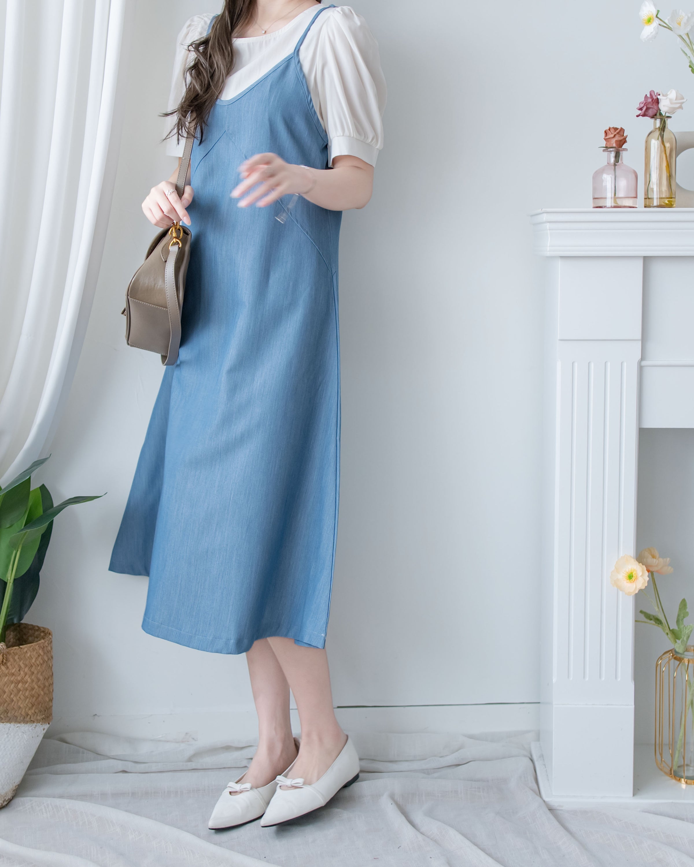Border Vest Set 精緻車線吊帶裙後珍珠套裝/ SE8114 (pre-order blue)