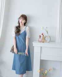 Border Vest Set 精緻車線吊帶裙後珍珠套裝/ SE8114 (pre-order blue)