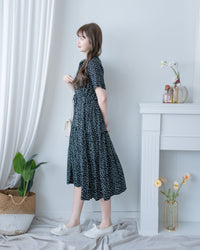 Snow Dot Dress 黑色雪花點點小V領層次修腰連身裙/ DS1135