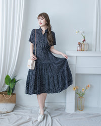 Snow Dot Dress 黑色雪花點點小V領層次修腰連身裙/ DS1135