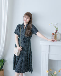 Snow Dot Dress 黑色雪花點點小V領層次修腰連身裙/ DS1135