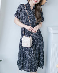 Snow Dot Dress 黑色雪花點點小V領層次修腰連身裙/ DS1135