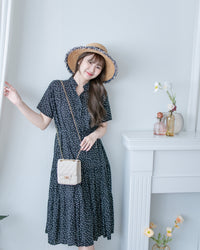 Snow Dot Dress 黑色雪花點點小V領層次修腰連身裙/ DS1135
