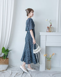 Floral Fishtail Dress 法式方領立體腰褶魚尾印花口袋連身裙/ DS1131 (pre-order)
