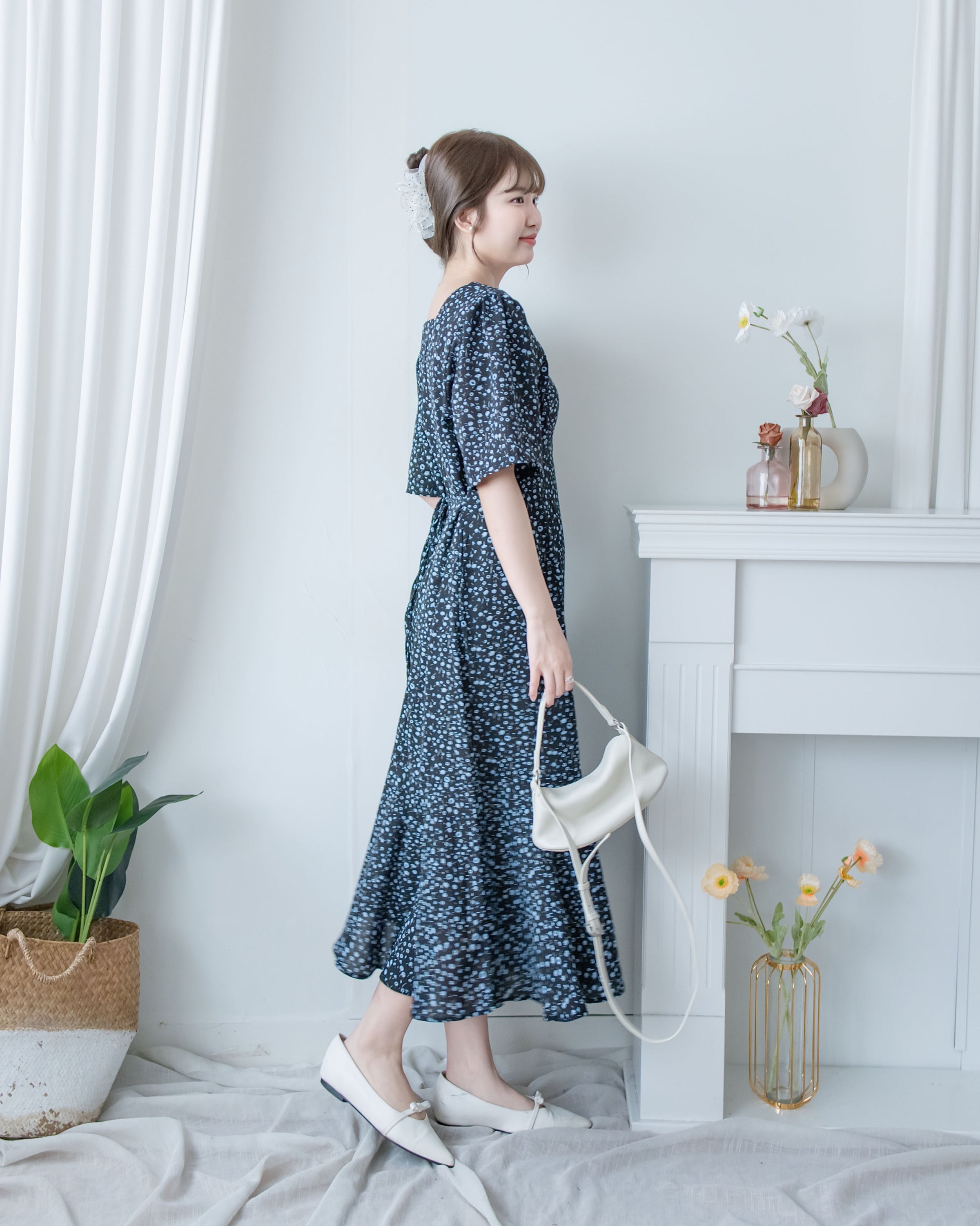 Floral Fishtail Dress 法式方領立體腰褶魚尾印花口袋連身裙/ DS1131 (pre-order)