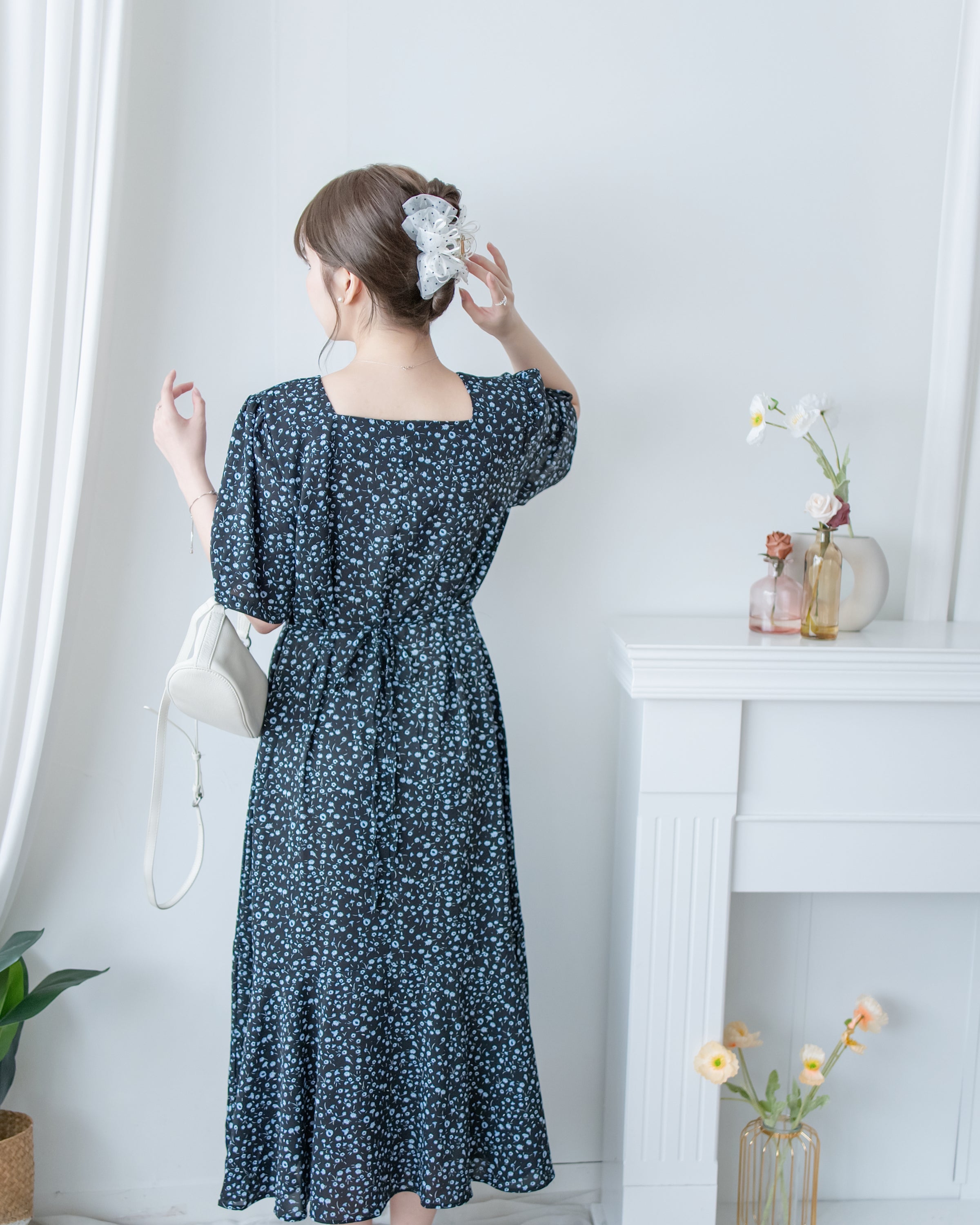 Floral Fishtail Dress 法式方領立體腰褶魚尾印花口袋連身裙/ DS1131 (pre-order)