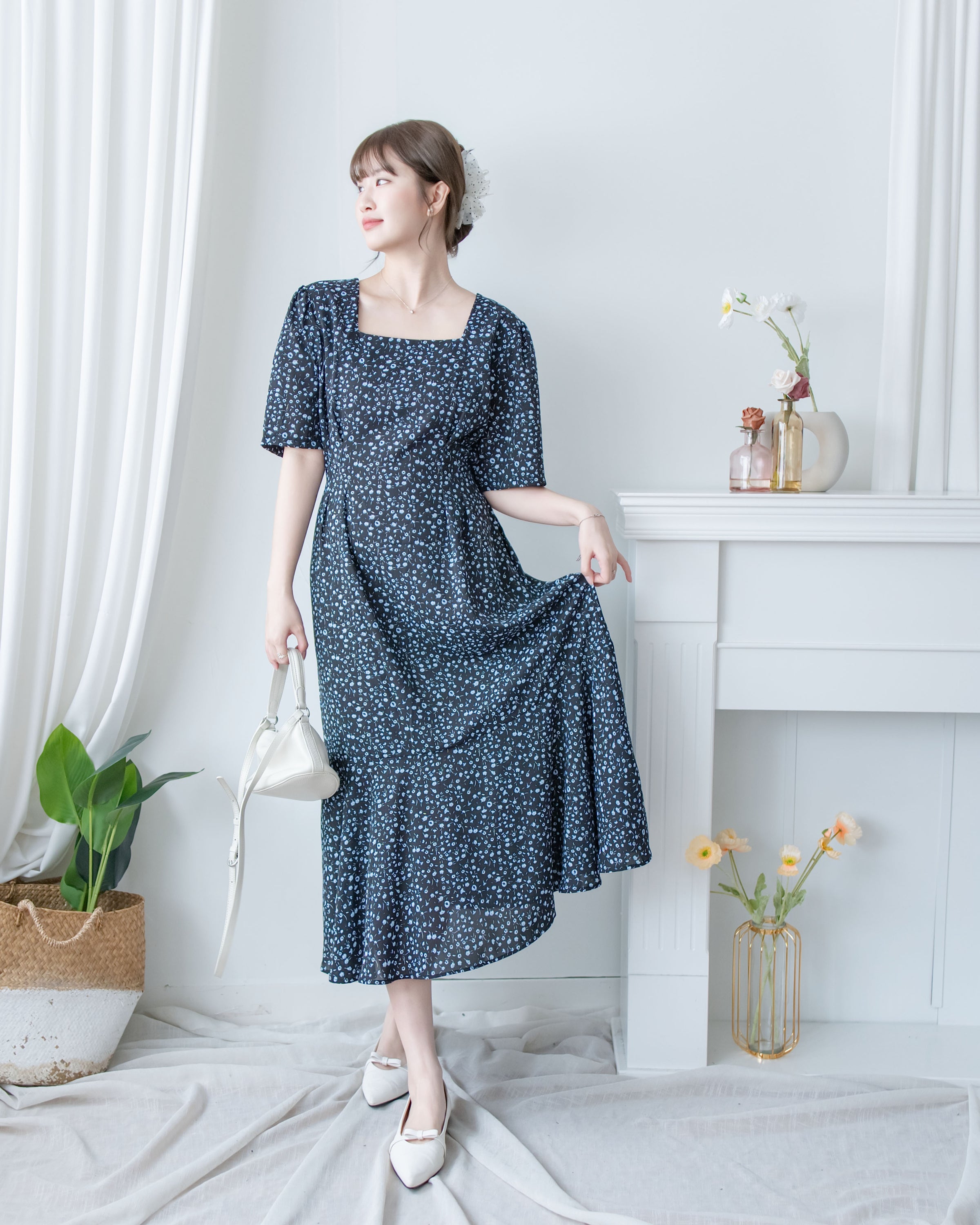 Floral Fishtail Dress 法式方領立體腰褶魚尾印花口袋連身裙/ DS1131 (pre-order)