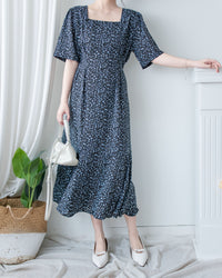 Floral Fishtail Dress 法式方領立體腰褶魚尾印花口袋連身裙/ DS1131 (pre-order)