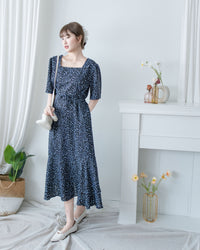 Floral Fishtail Dress 法式方領立體腰褶魚尾印花口袋連身裙/ DS1131 (pre-order)