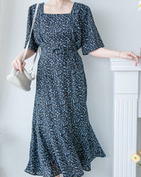 Floral Fishtail Dress 法式方領立體腰褶魚尾印花口袋連身裙/ DS1131 (pre-order)