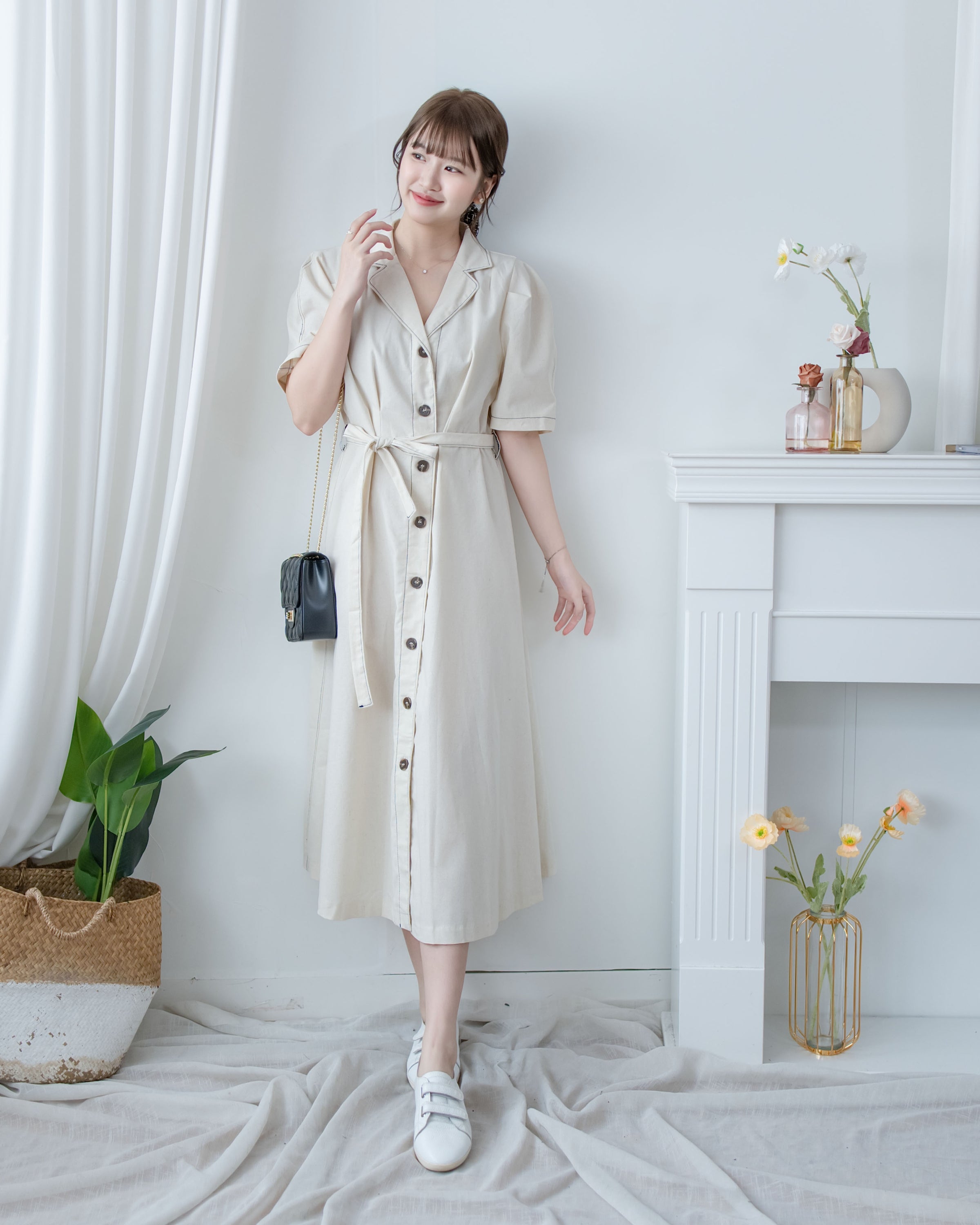 Stitch Linen Dress 明線車邊輕復古腰帶修腰連身裙/ DS1125