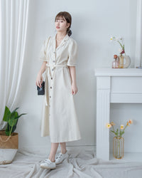 Stitch Linen Dress 明線車邊輕復古腰帶修腰連身裙/ DS1125