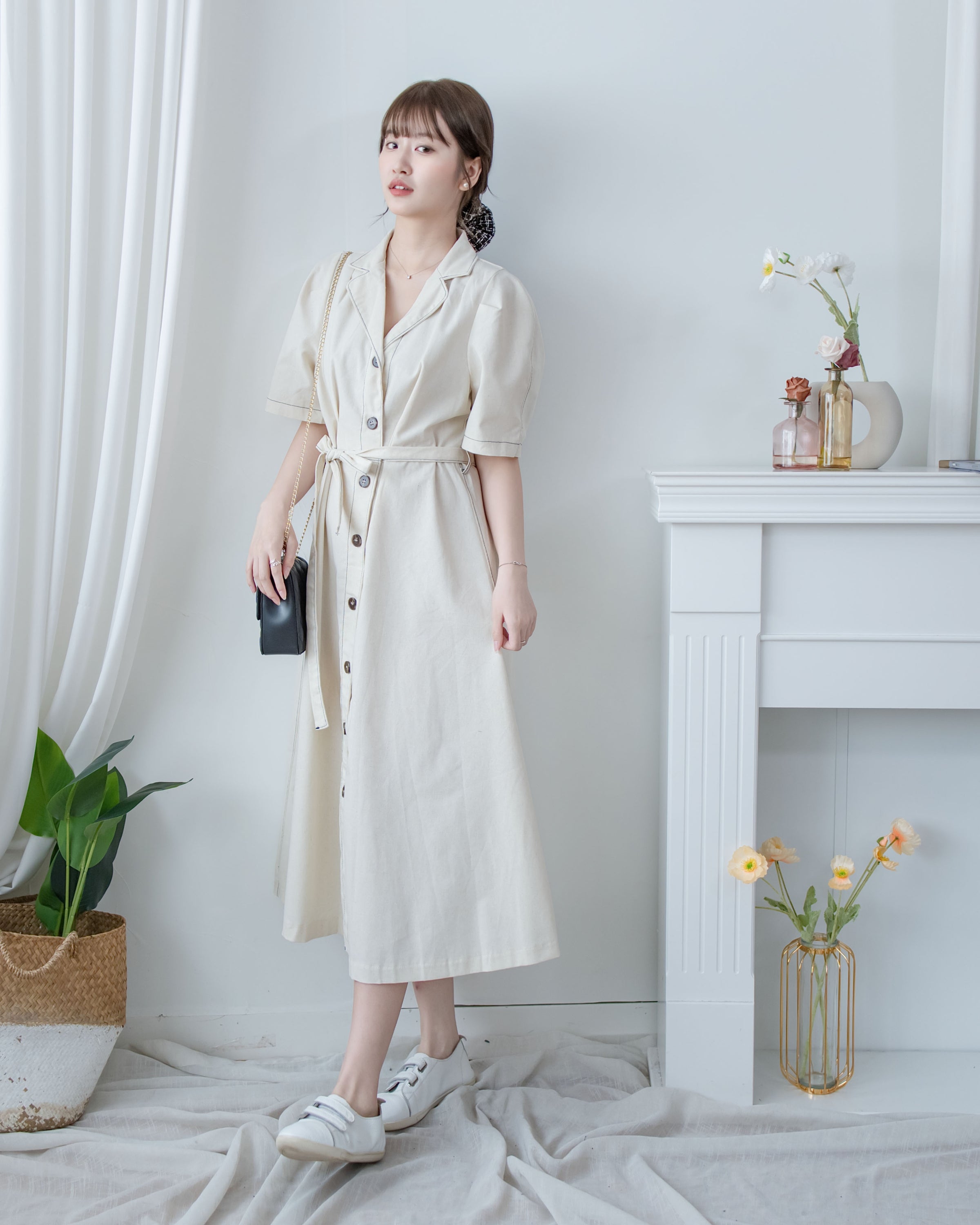 Stitch Linen Dress 明線車邊輕復古腰帶修腰連身裙/ DS1125