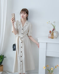 Stitch Linen Dress 明線車邊輕復古腰帶修腰連身裙/ DS1125