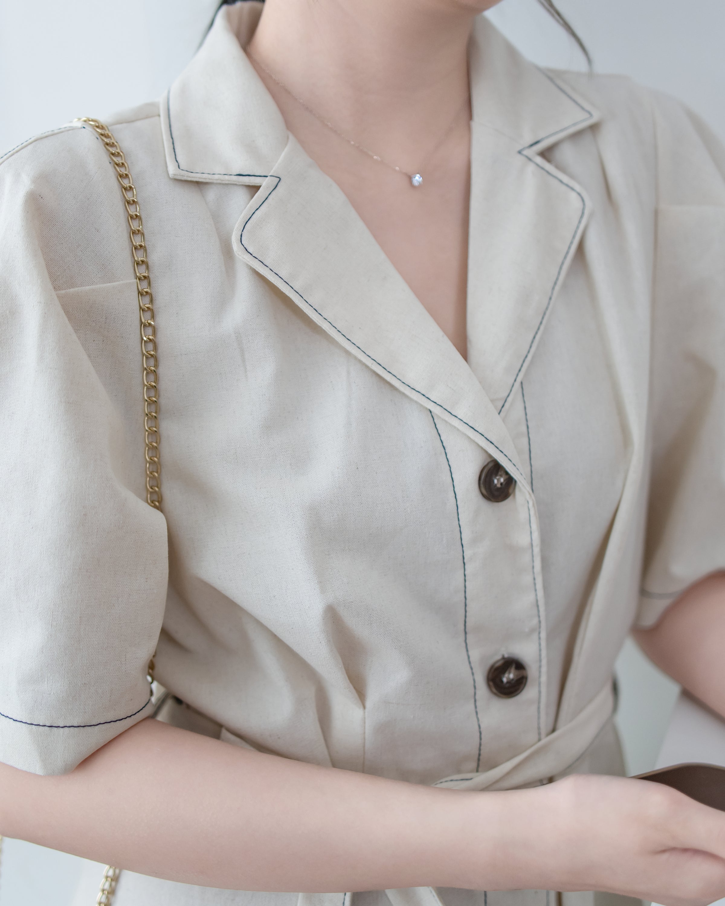 Stitch Linen Dress 明線車邊輕復古腰帶修腰連身裙/ DS1125