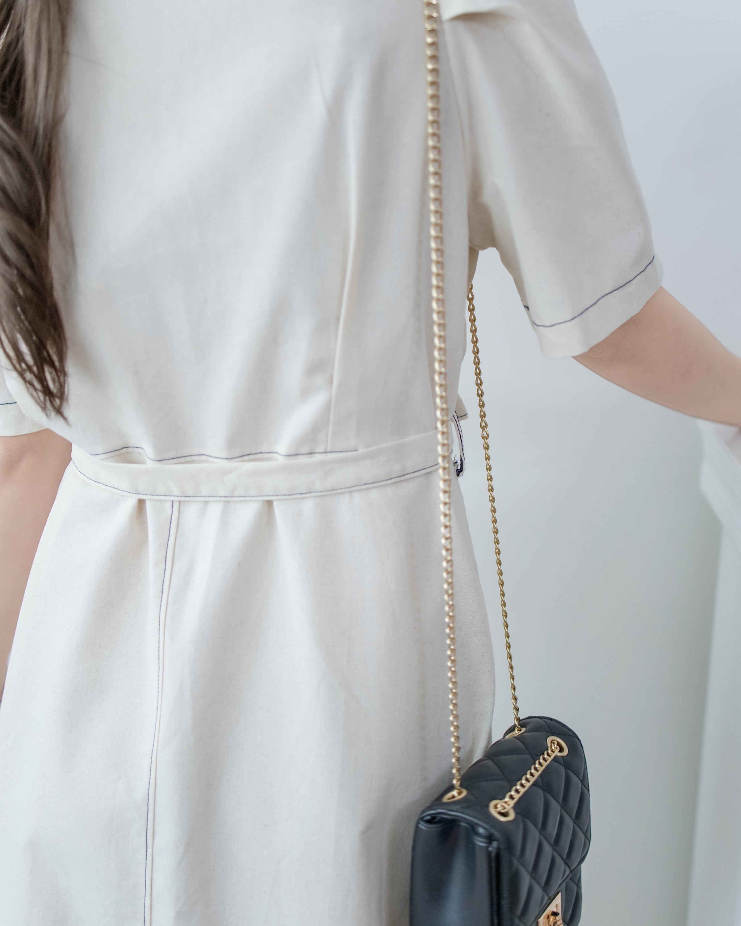 Stitch Linen Dress 明線車邊輕復古腰帶修腰連身裙/ DS1125