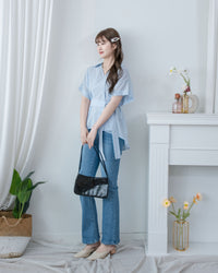 Blue Stripe Shirt 拼織條紋車褶腰帶襯衫上衣/ BU9143 (pre-order)