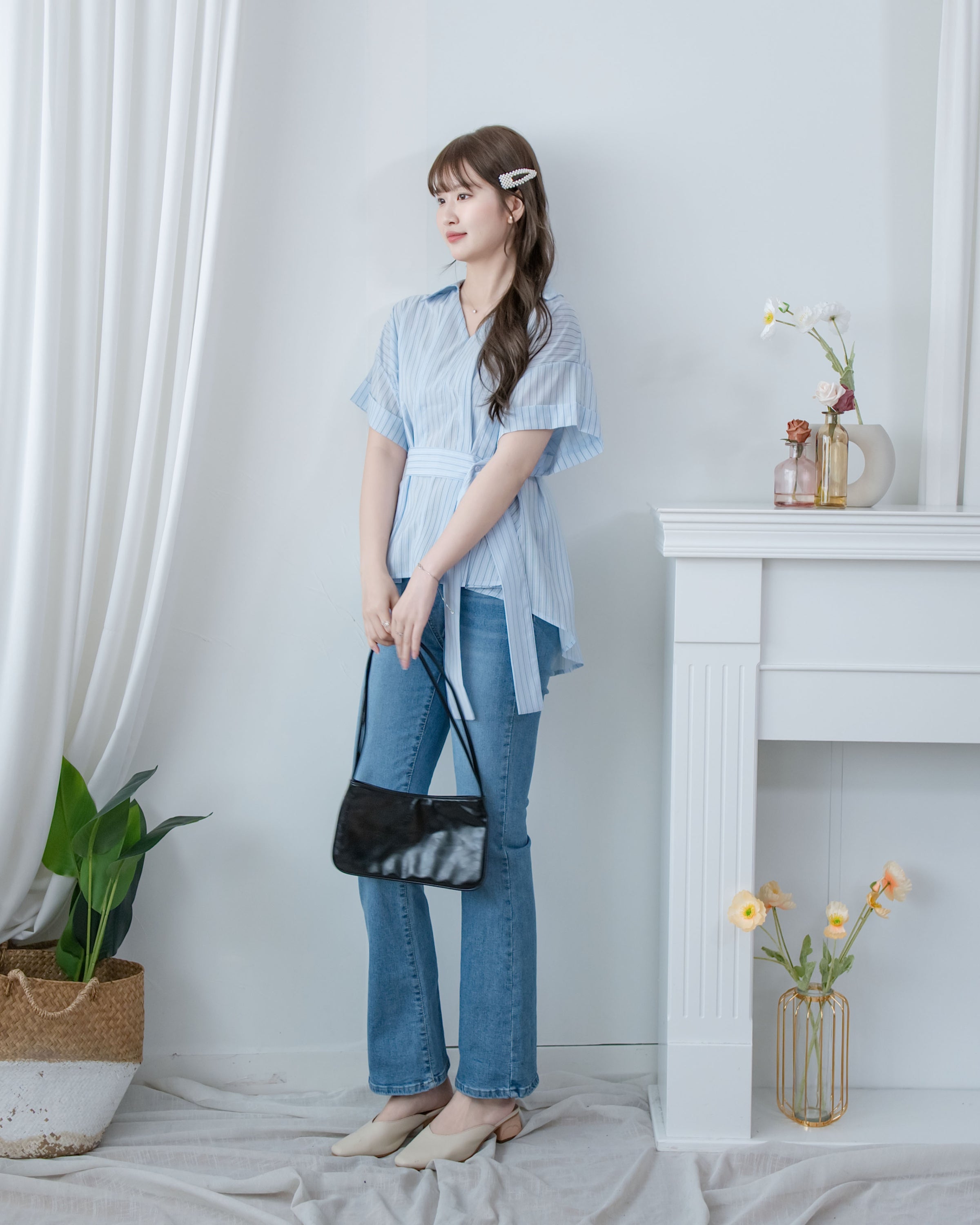 Blue Stripe Shirt 拼織條紋車褶腰帶襯衫上衣/ BU9143 (pre-order)