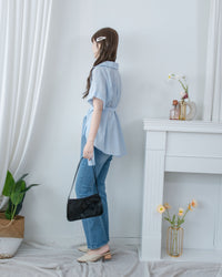 Blue Stripe Shirt 拼織條紋車褶腰帶襯衫上衣/ BU9143 (pre-order)