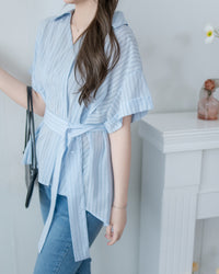 Blue Stripe Shirt 拼織條紋車褶腰帶襯衫上衣/ BU9143 (pre-order)