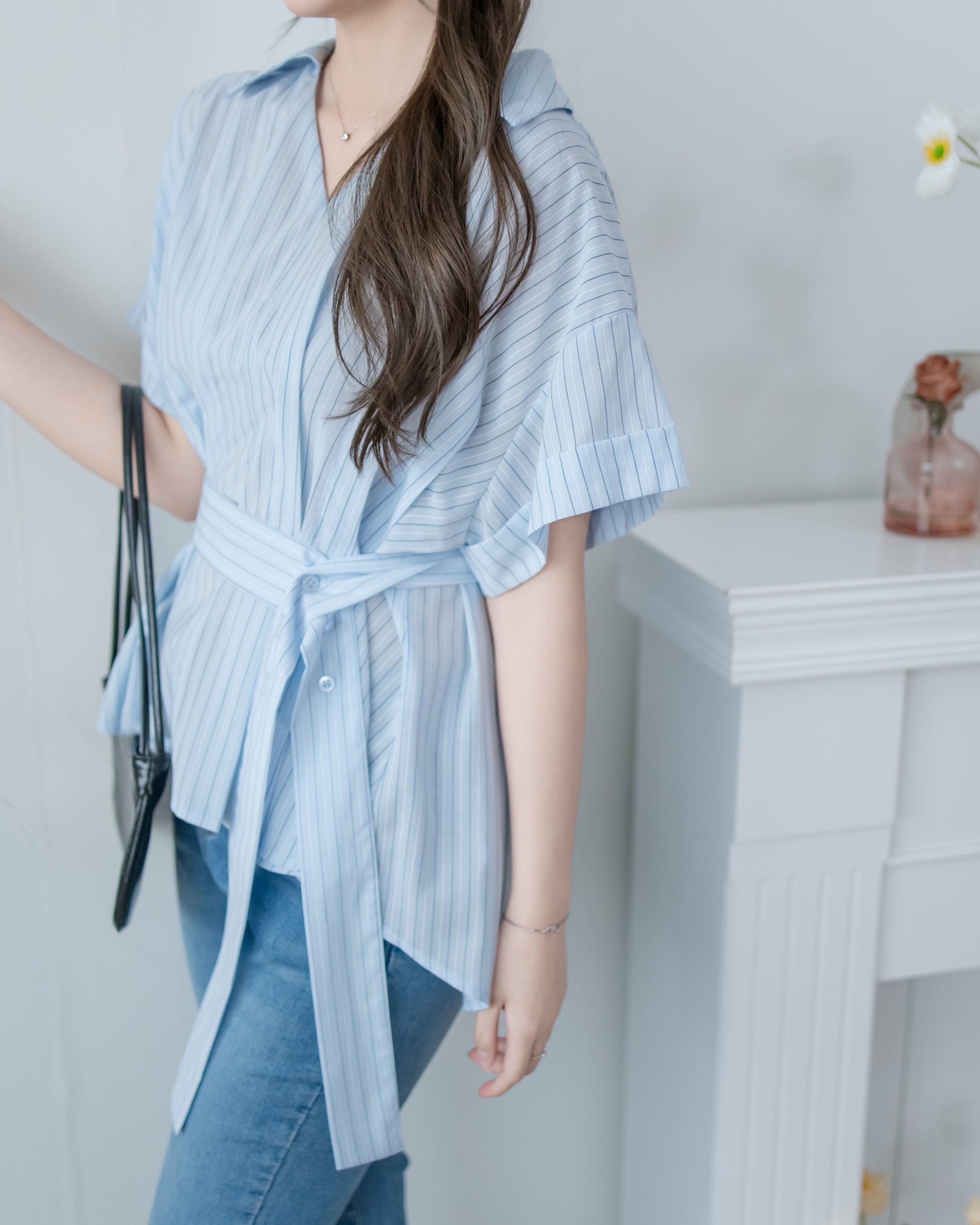 Blue Stripe Shirt 拼織條紋車褶腰帶襯衫上衣/ BU9143 (pre-order)
