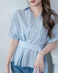 Blue Stripe Shirt 拼織條紋車褶腰帶襯衫上衣/ BU9143 (pre-order)