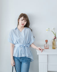 Blue Stripe Shirt 拼織條紋車褶腰帶襯衫上衣/ BU9143 (pre-order)