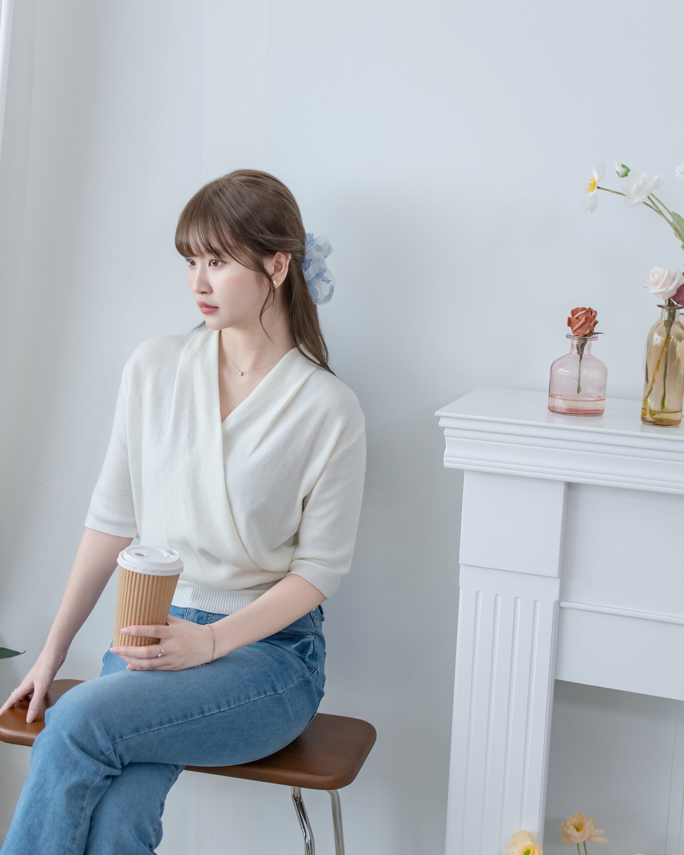Wrap Knit Top 溫柔交疊領隨性織紋針織上衣/ TP9226 (pre-order mintblue)