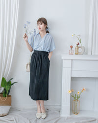 Pleated Shimmer Skirt 微光澤防皺顯瘦直條紋口袋長裙/ SK8943 (pre-order black)