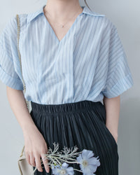 Blue Stripe Shirt 拼織條紋車褶腰帶襯衫上衣/ BU9143 (pre-order)