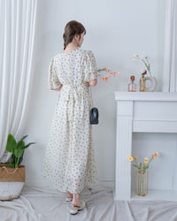 Chiffon Ribbon Dress 荷葉袖雪紡花束絲帶腰帶連身裙/ DS1133 (pre-order ivory/navy)