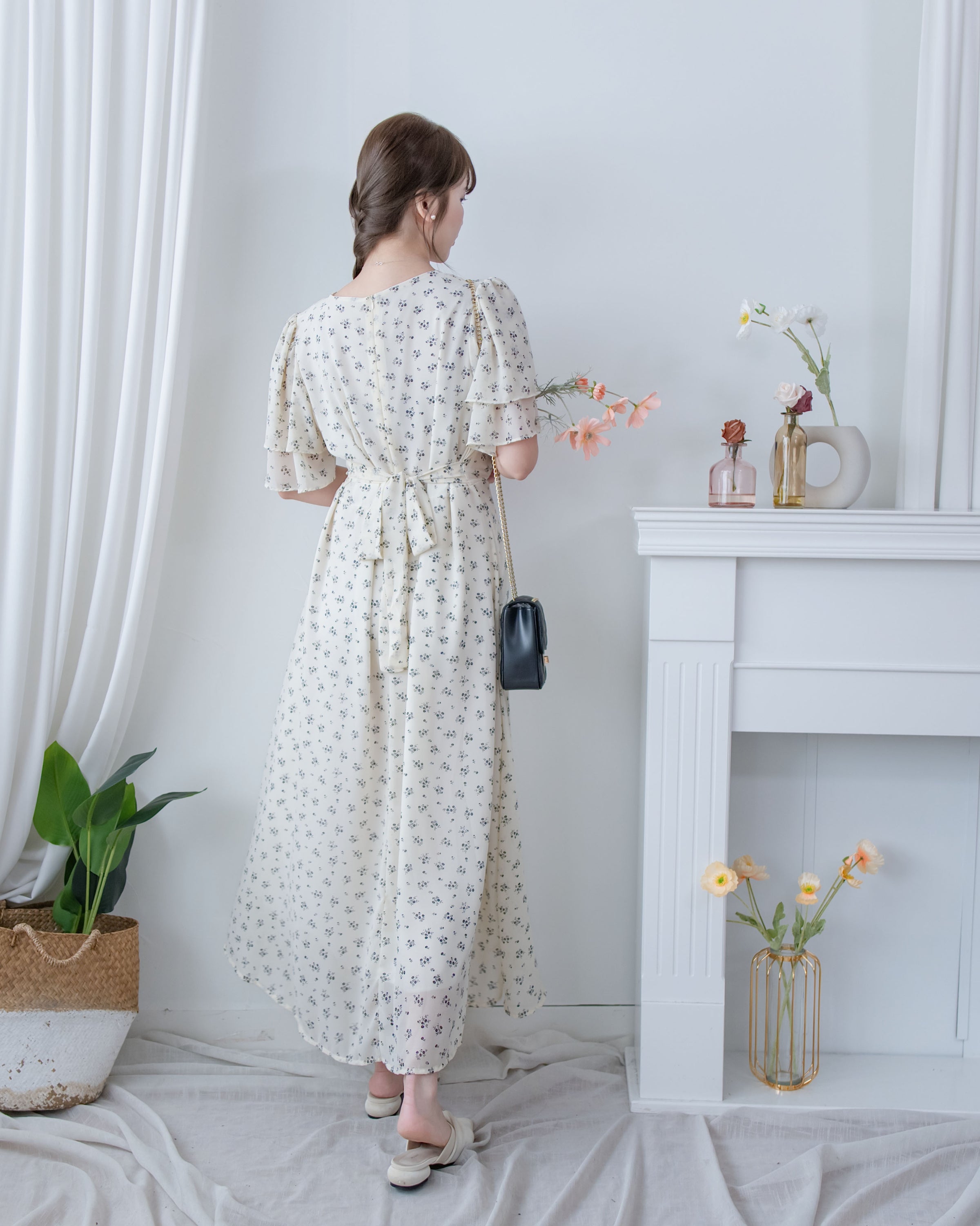 Chiffon Ribbon Dress 荷葉袖雪紡花束絲帶腰帶連身裙/ DS1133 (pre-order ivory/navy)