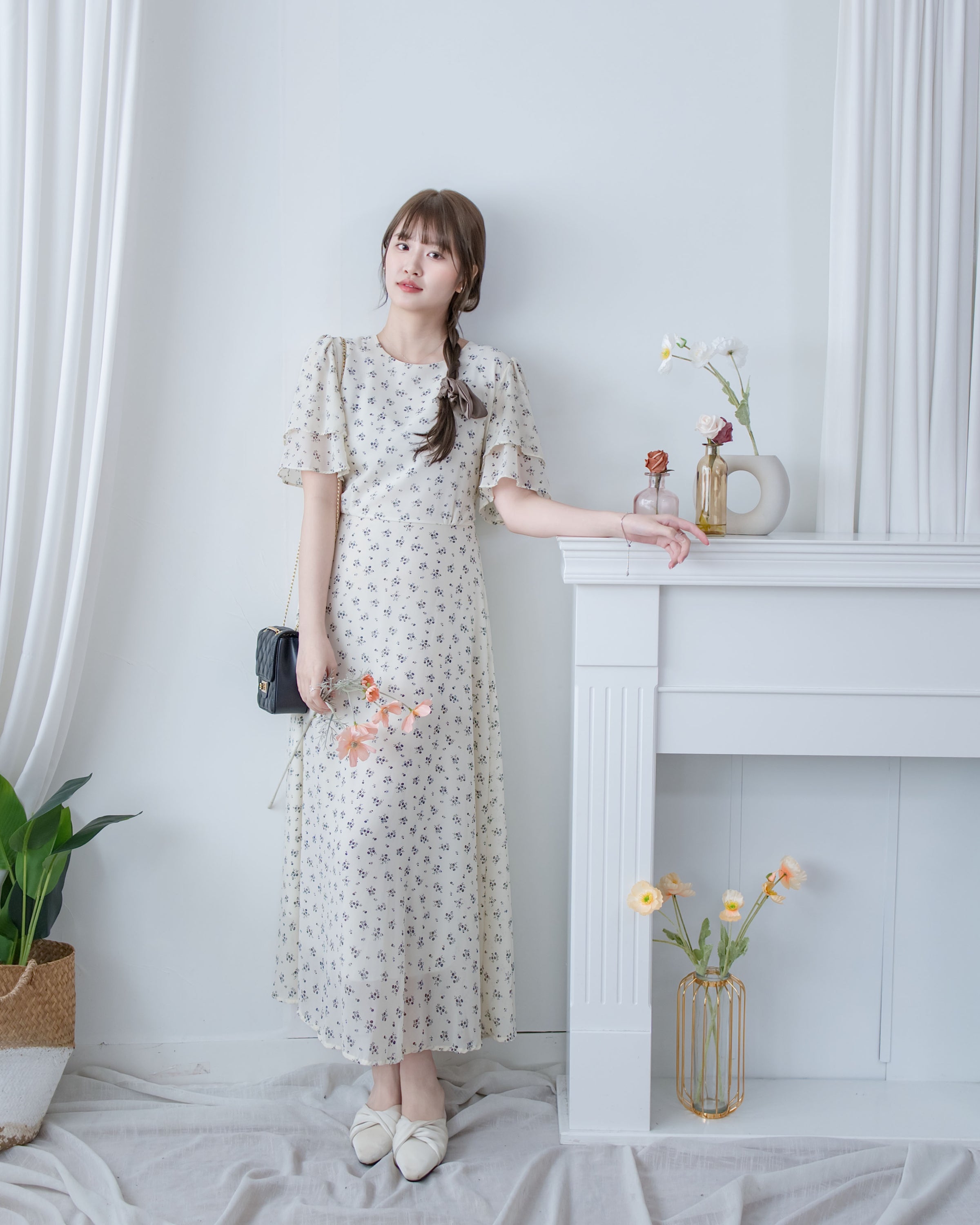 Chiffon Ribbon Dress 荷葉袖雪紡花束絲帶腰帶連身裙/ DS1133 (pre-order ivory/navy)