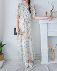 Chiffon Ribbon Dress 荷葉袖雪紡花束絲帶腰帶連身裙/ DS1133 (pre-order ivory/navy)