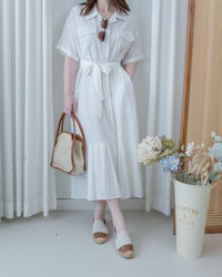 Louisa Dress 翻褶袖子修腰裙擺車褶連身裙/ DS1132