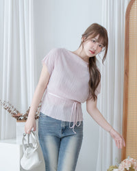 Pleated Blouse 微光澤壓褶船領上衣/ TP9230