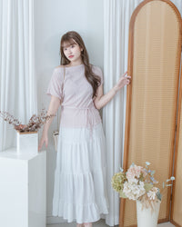Pleated Blouse 微光澤壓褶船領上衣/ TP9230