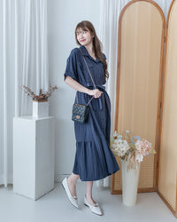Louisa Dress 翻褶袖子修腰裙擺車褶連身裙/ DS1132