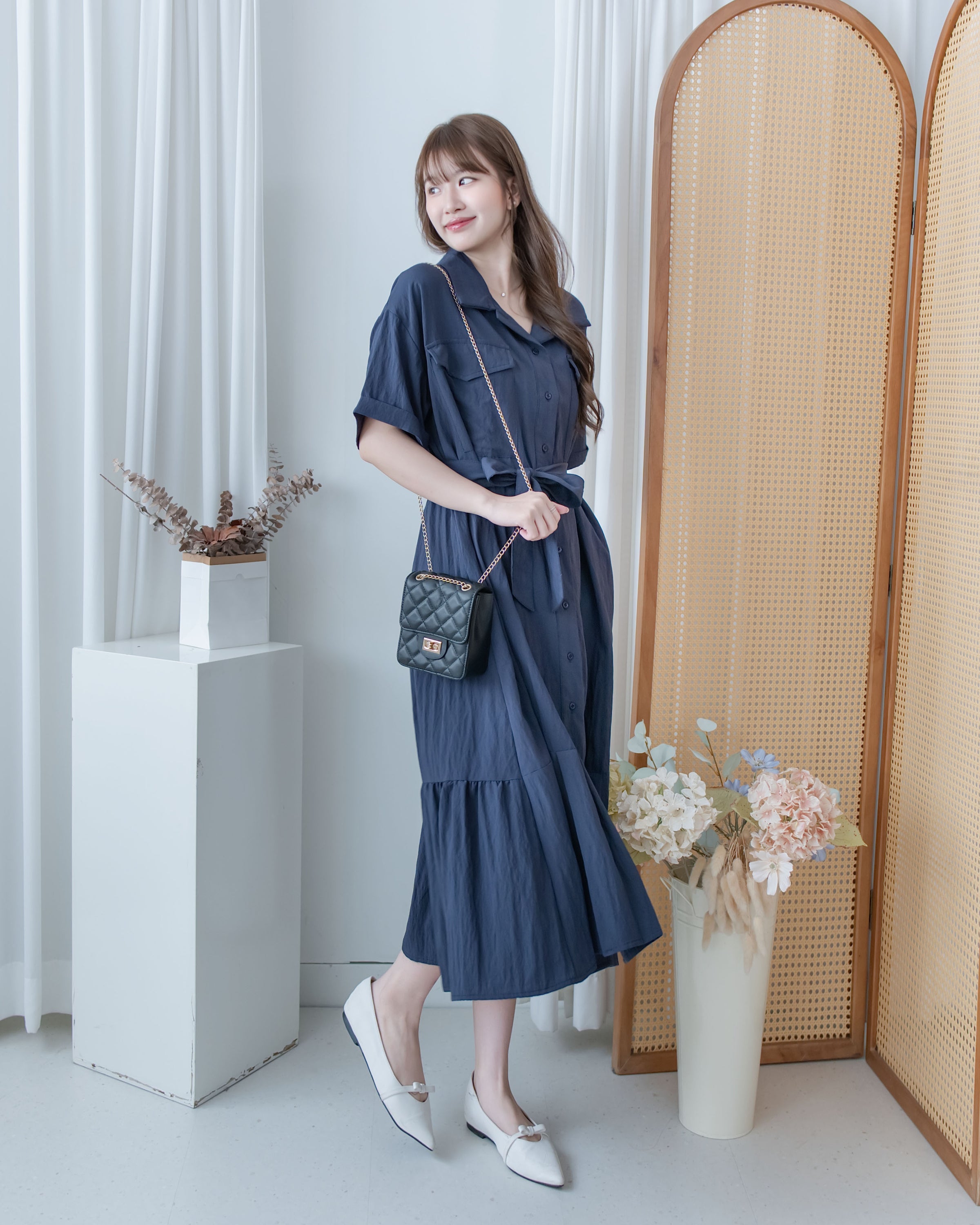 Louisa Dress 翻褶袖子修腰裙擺車褶連身裙/ DS1132