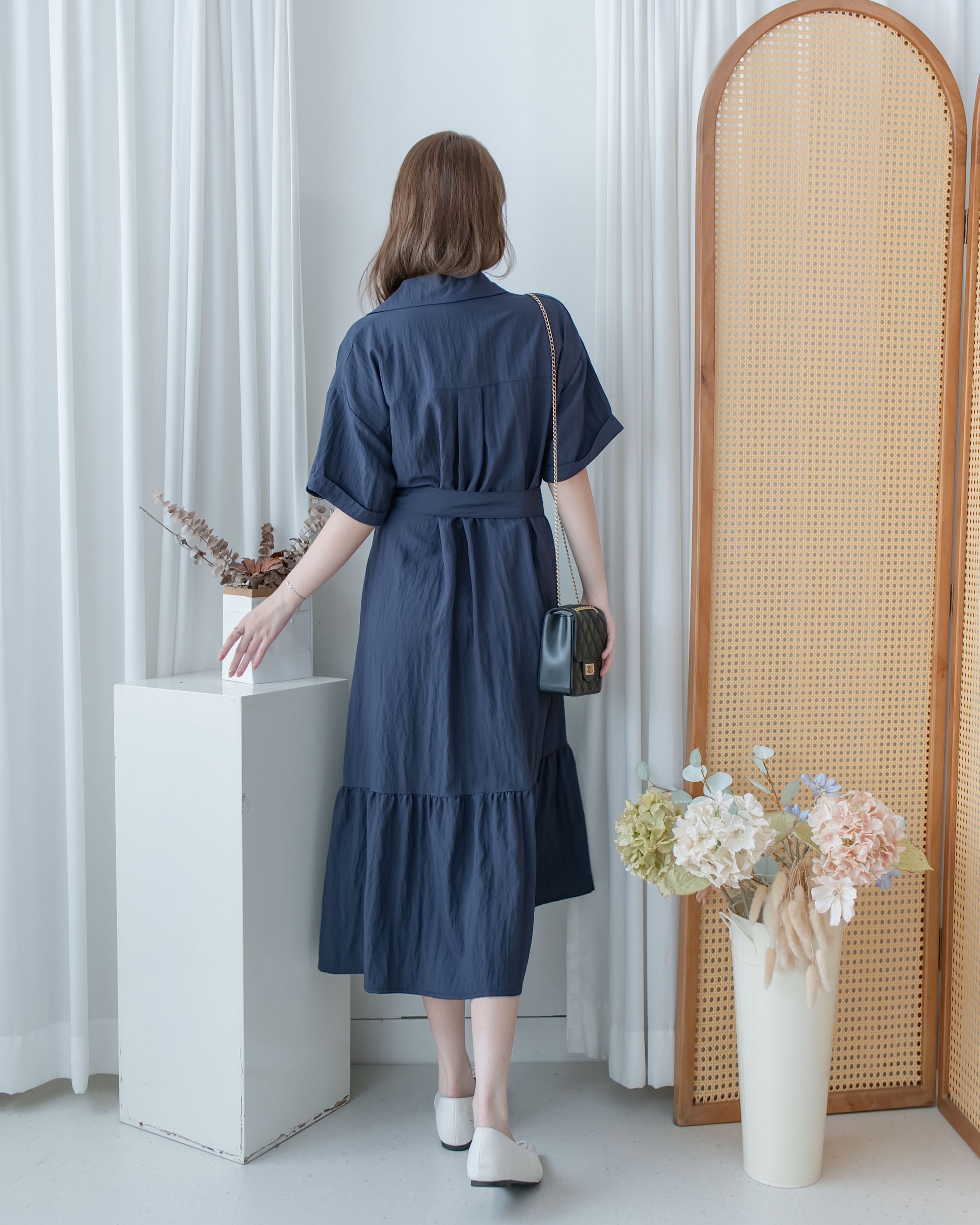 Louisa Dress 翻褶袖子修腰裙擺車褶連身裙/ DS1132