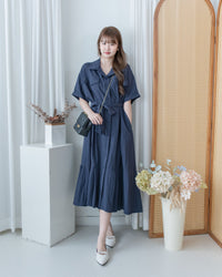 Louisa Dress 翻褶袖子修腰裙擺車褶連身裙/ DS1132